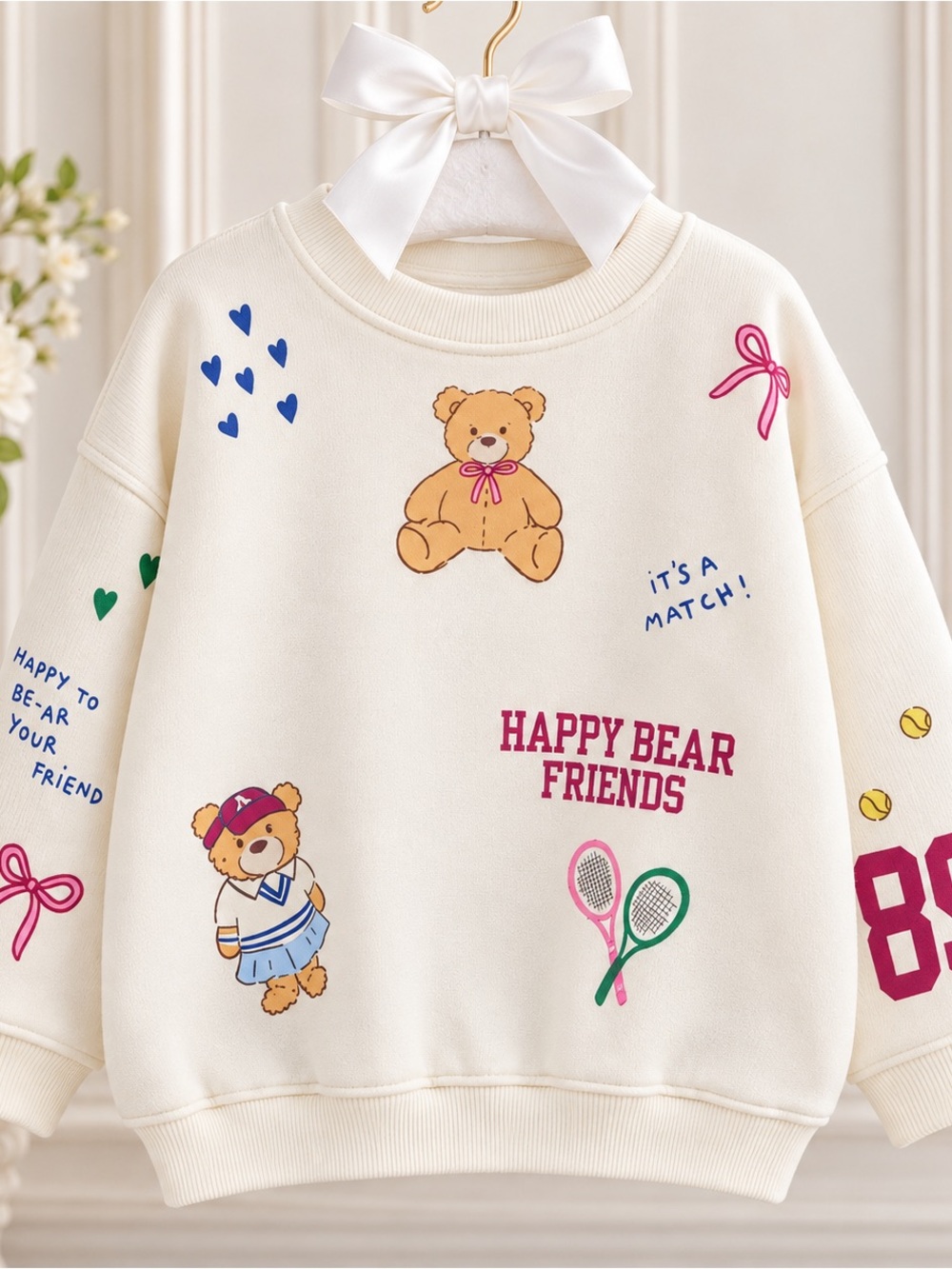 RARE Zara Kids Happy Bear Friends Teddy Bear Bow Sweatshirt Girls Size 6